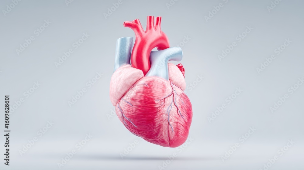 Naklejka premium A detailed anatomical depiction of a human heart, rendered in a modern, photorealistic style, showcases the intricate and vital organ responsible for life.