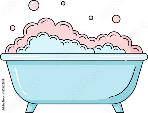 A charming cartoon bathtub filled with fluffy pink and blue bubbles.