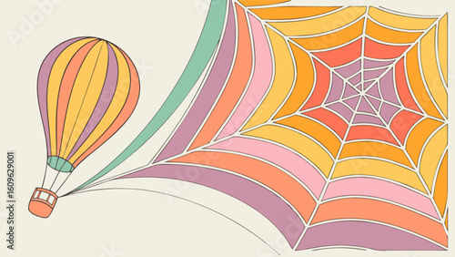 Hot air balloon and spider web illustration in retro style vector art for graphic design projects