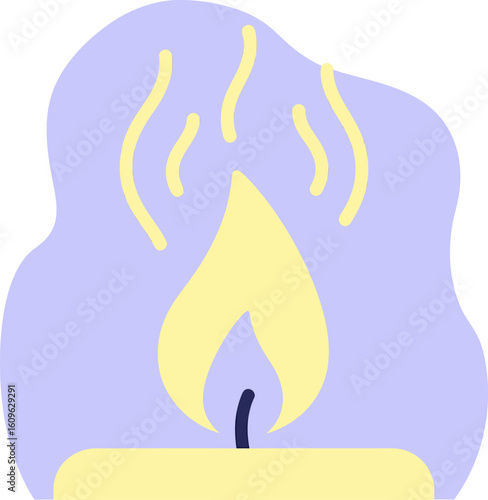A lit yellow candle with a dark wick glowing flame and radiating heat waves in a flat minimalist style.