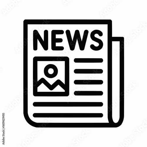 News article icon with text and image placeholder in black outline  