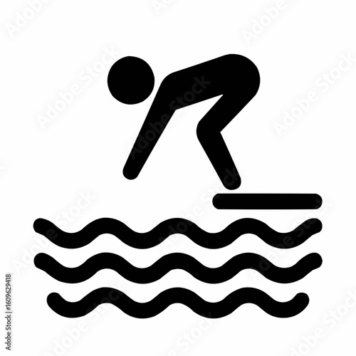 Stick figure diving into water with waves below  