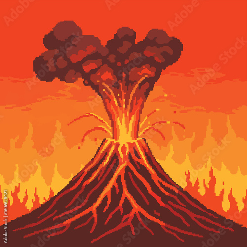 Pixel Art Volcano Erupting Fiercely.