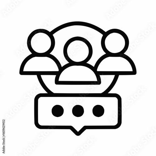 Icon of three people communicating in chat bubble outline  