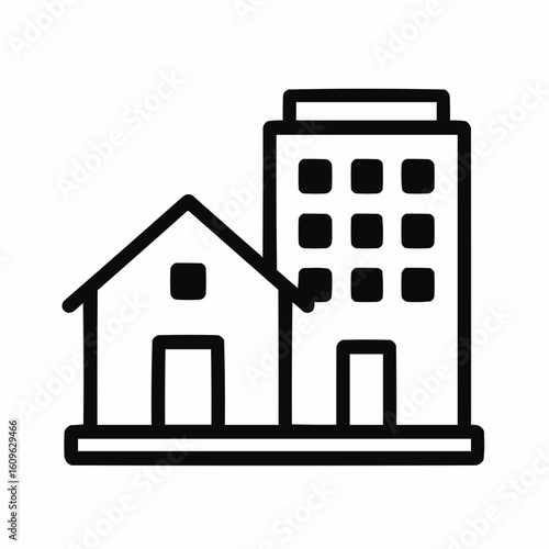 Simple line illustration of a house next to a building  