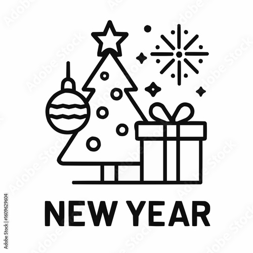 New Year decoration with Christmas tree, gift, and fireworks  