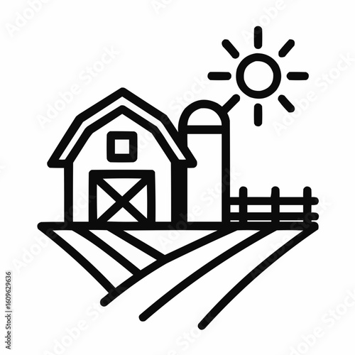 Farmhouse with silo and sun on a rural landscape  