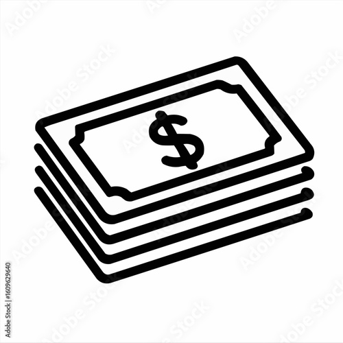 Stack of dollar bills in black and white outline illustration  