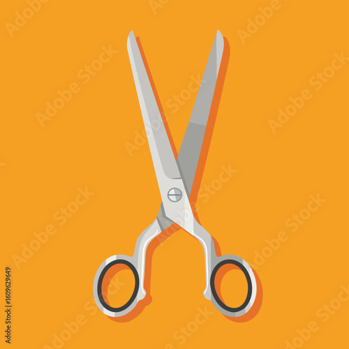 A pair of open silver scissors with black finger grips flat vector illustration.