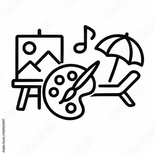 Art supplies and beach elements for creative relaxation  