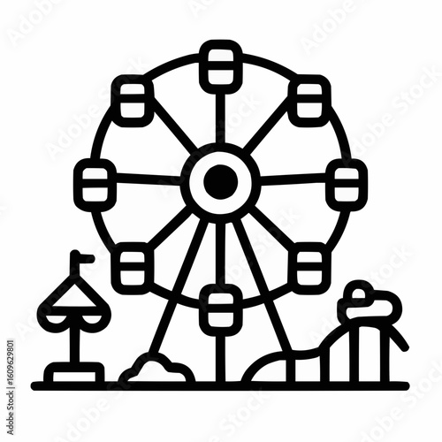 Outline illustration of amusement park with ferris wheel and slide  