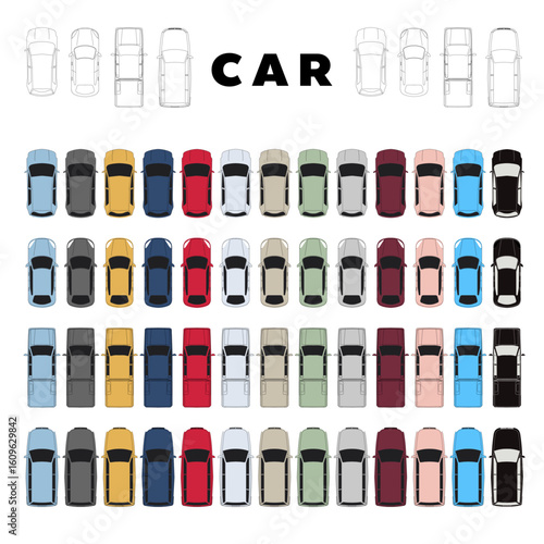 Vector illustration of vehicle drawings. side, front top views. car in colorful
