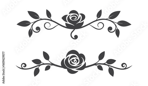 Ornate rose scroll work decorative flourish with leaf accents silhouette