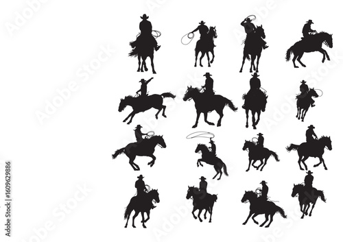 Cowboy silhouettes riding horses with lassos vector