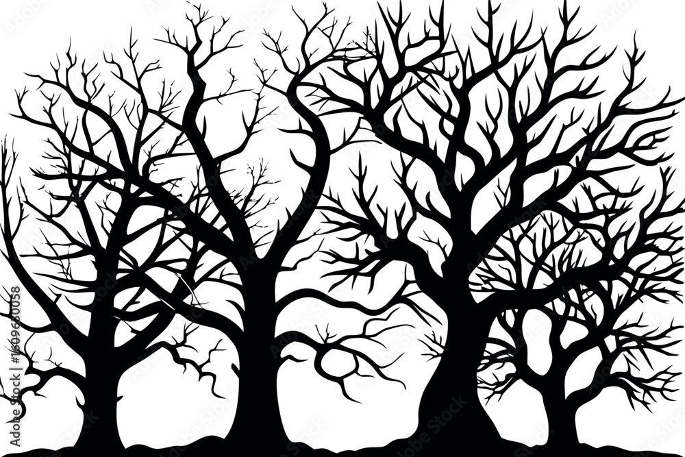 Fototapeta premium Leafless oak tree branches silhouette design art. A striking silhouette of leafless oak tree branches, perfect for natural themes and rustic designs.