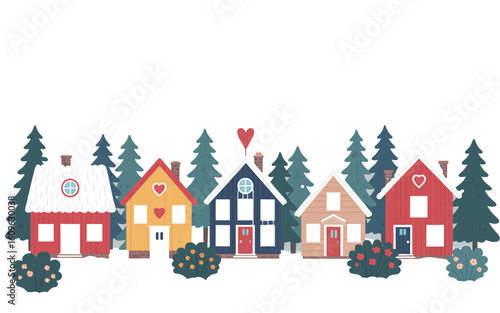 Scandinavian Winter Town Banner, Cozy Christmas Houses, Falling Snow, Forest Trees, and Snowdrifts in a Horizontal Landscape for Holiday Cards, Posters, and Seasonal Backgrounds