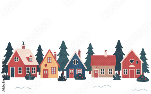 Christmas Town Scene Cute Snowy Village with Winter Landscape, Snowflakes, Cozy Homes, and Trees for New Year Banners, Holiday Decor, and Seasonal Greetings