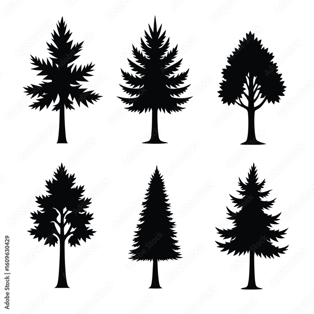 Fototapeta premium Six black tree silhouettes with varied foliage and branch structures trees white