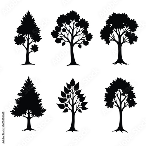 Six black tree silhouettes with varied foliage and shapes trees white background