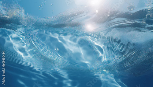 Light Blue water with ripples on the surface. Defocus blurred transparent clear calm water surface texture with splashes and bubbles. Water waves with shining pattern texture background.