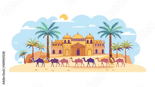 Desert landscape with camel caravan, palm trees, and desert architecture vector illustration art design