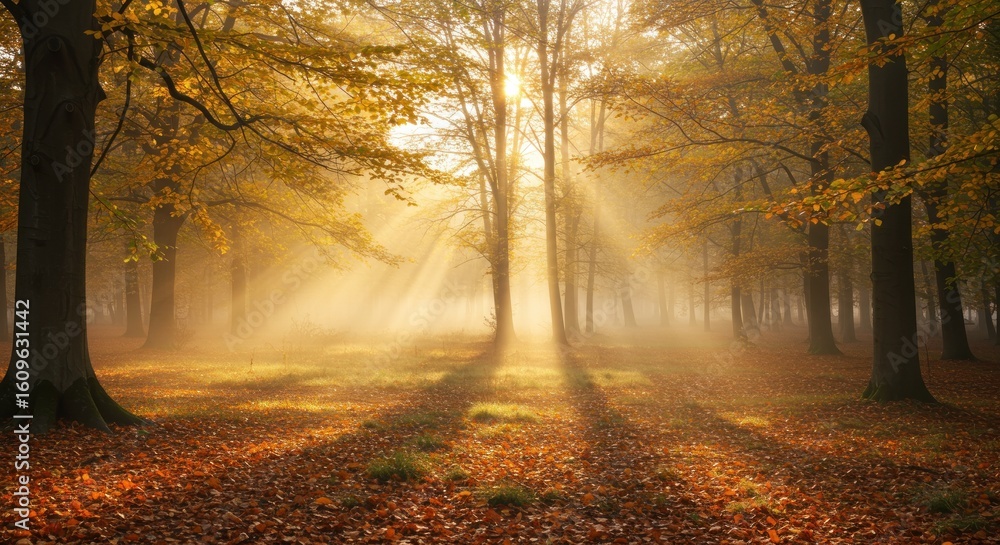 Fototapeta premium Sunbeams pierce a foggy autumn forest illuminating fallen leaves
