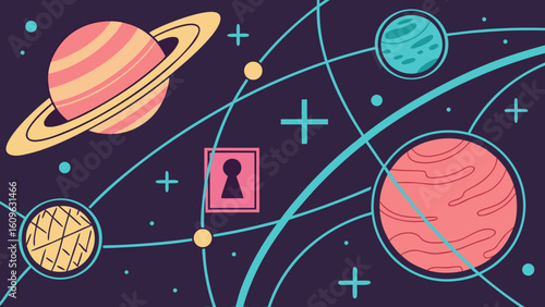 Illustration of planets, stars, lines, and a keyhole on a dark background with light blue accents