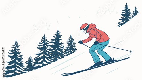 Skiing winter sport activity downhill skiing in the mountains with trees and a skier on the slopes