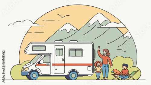 Family rv camping trip illustration with mountains and nature scene for travel and adventure enthusiasts