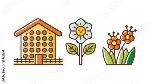 Cute bee house with flowers vector illustration for gardening and nature lovers design and decoration needs