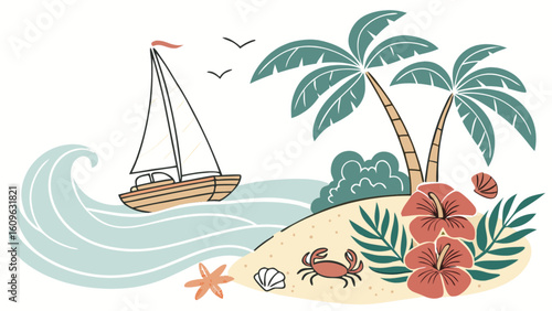 Tropical beach vacation with sailboat, palm trees, ocean waves, and sea life vector illustration art