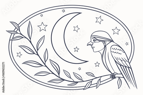 Stylized drawing of a bird person perched on a branch with moon and stars in an oval frame