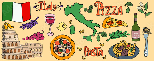 Fancy Amalfi cooking set with pizza, pasta and fruit pattern. Playful, fancy graphics with olives and cocktail. Amalfi Mediterranean cuisine set for menu design. Vector illustration