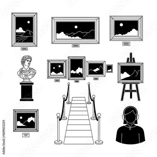 A museum exhibit featuring paintings sculpture and a guided tour attendee