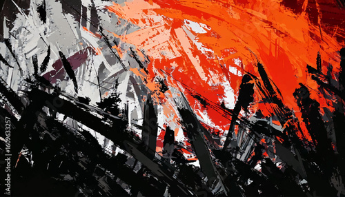 Abstract graffiti art with bold splashes of yellow, black, and white paint. The artwork features dynamic drips and splatters, creating an energetic and chaotic visual effect.