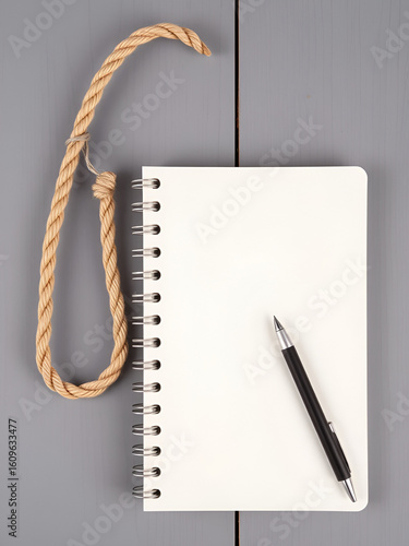 Rope noose and blank notebook with pen on grey wooden table, flat lay. Space for text