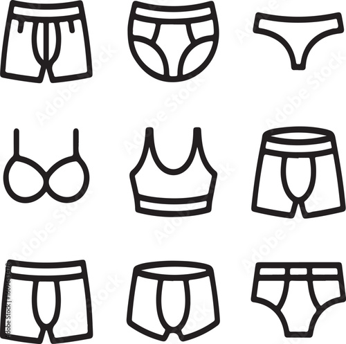 Men’s and Women’s Underwear Line Icon Pack – Boxers, Briefs, Sports Bra, Bikini Cut, Trunks, Bralette, Seamless, and Thermal Wear Linear Vector Set