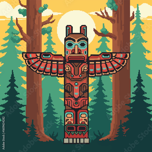 Pixelated Totem Pole in a Forest Setting.
