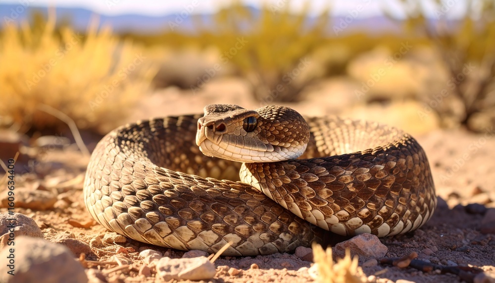 Obraz premium Medium close-up of a beautifully patterned rattlesnake coiled in a defensive pose on desert ground