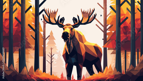 Stylized moose illustration in a vibrant autumn forest setting