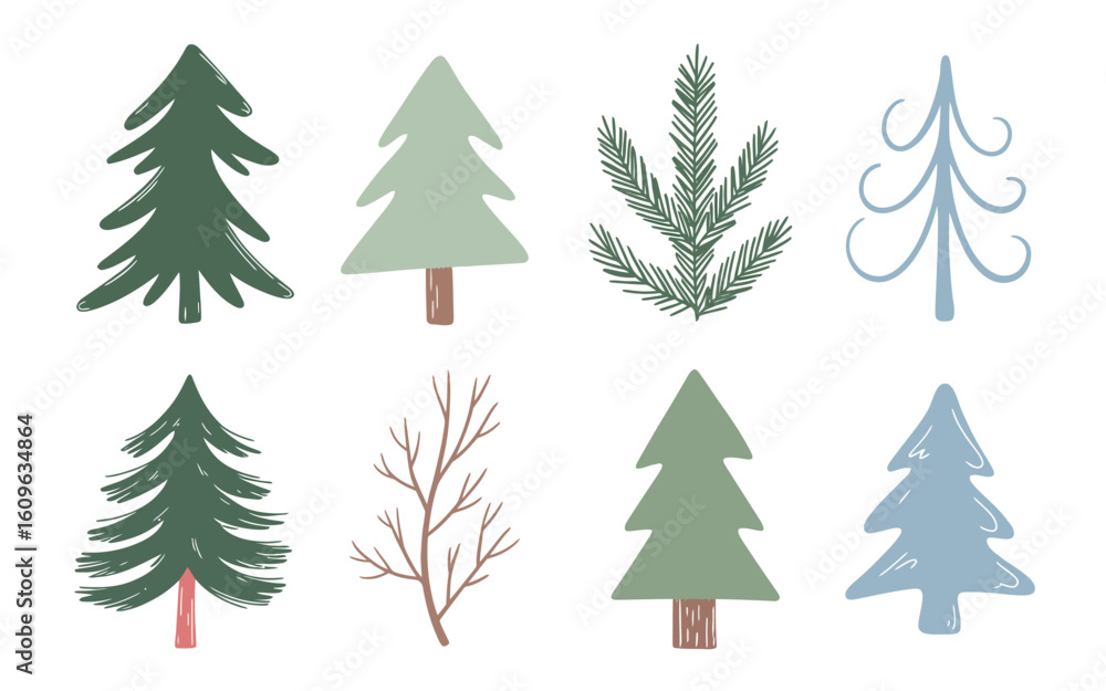 Obraz premium Christmas and Forest Tree Vector Set, Cute Hand-Drawn Fir Trees in Flat Design for Seasonal Holiday Projects, Winter Decor, and Nature-Themed Artwork