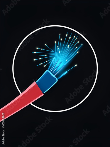 Fiber optic cable icon, technology. Isolated vector emblem with dynamic fibre wire broadband strand. Internet connection, telecommunication, high-speed data transmission and networking label with cord