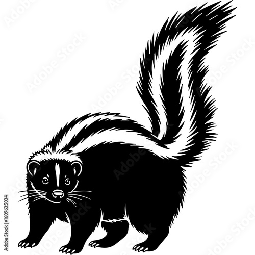 Woodcut Style Skunk Illustration - Black and White Wild Animal with Striped Fur, Isolated. Wildlife Mammal Graphic.