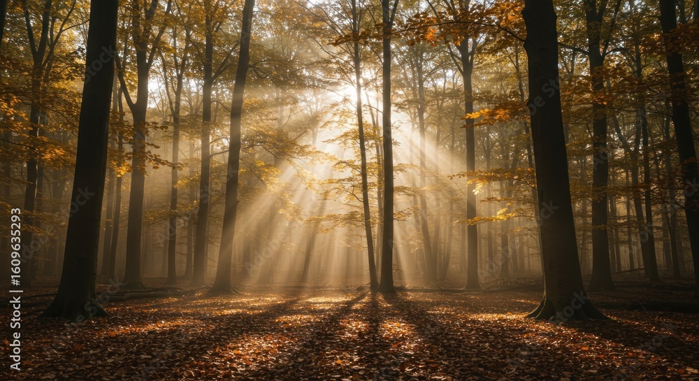 Fototapeta premium Sunbeams pierce through trees in an autumn forest
