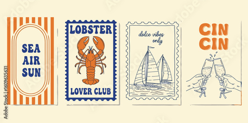 Hand draw la dolce vita vintage posters. Summer Italy. Amalfi. Vacation vector illustrations in ink line doodle sketch style postage stamps with image. 