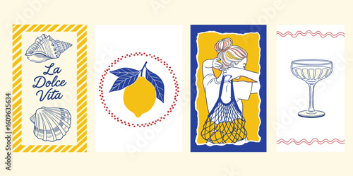 Hand draw la dolce vita vintage posters with lemon. Italian amalfi sicily style vacation vector illustrations in ink line doodle sketch style. 