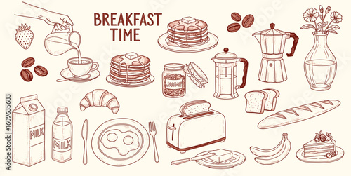 Hand drawn breakfast doodles set. Vector illustration of food and coffee icons in chalk, crayon drawing style for invitations, menus, parties.