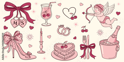 Hand drawn coquette elements for wedding invitation, Valentines day, birthday card. Cute girly bows, locket, ribbons, cherry, cake, champagne, candle.