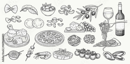 Hand drawn chalk food illustrations. Mediterranean dinner. Wine, spaghetti, oysters, charcuterie drawings for wedding invitations, menus.