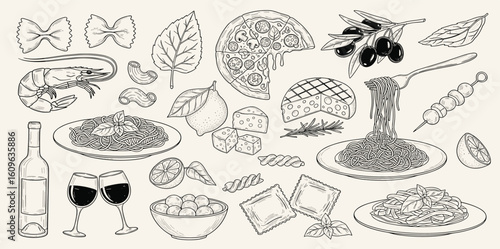 Hand drawn chalk food illustrations. Mediterranean dinner. Wine, spaghetti, oysters, charcuterie drawings for wedding invitations, menus. 